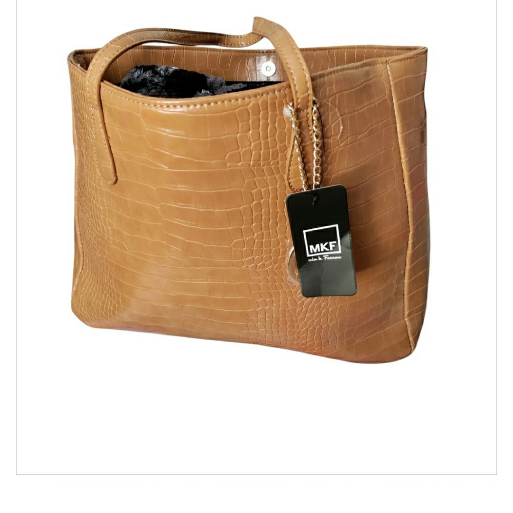 Croc Embossed Tote Bag Double Handles Camel Brown